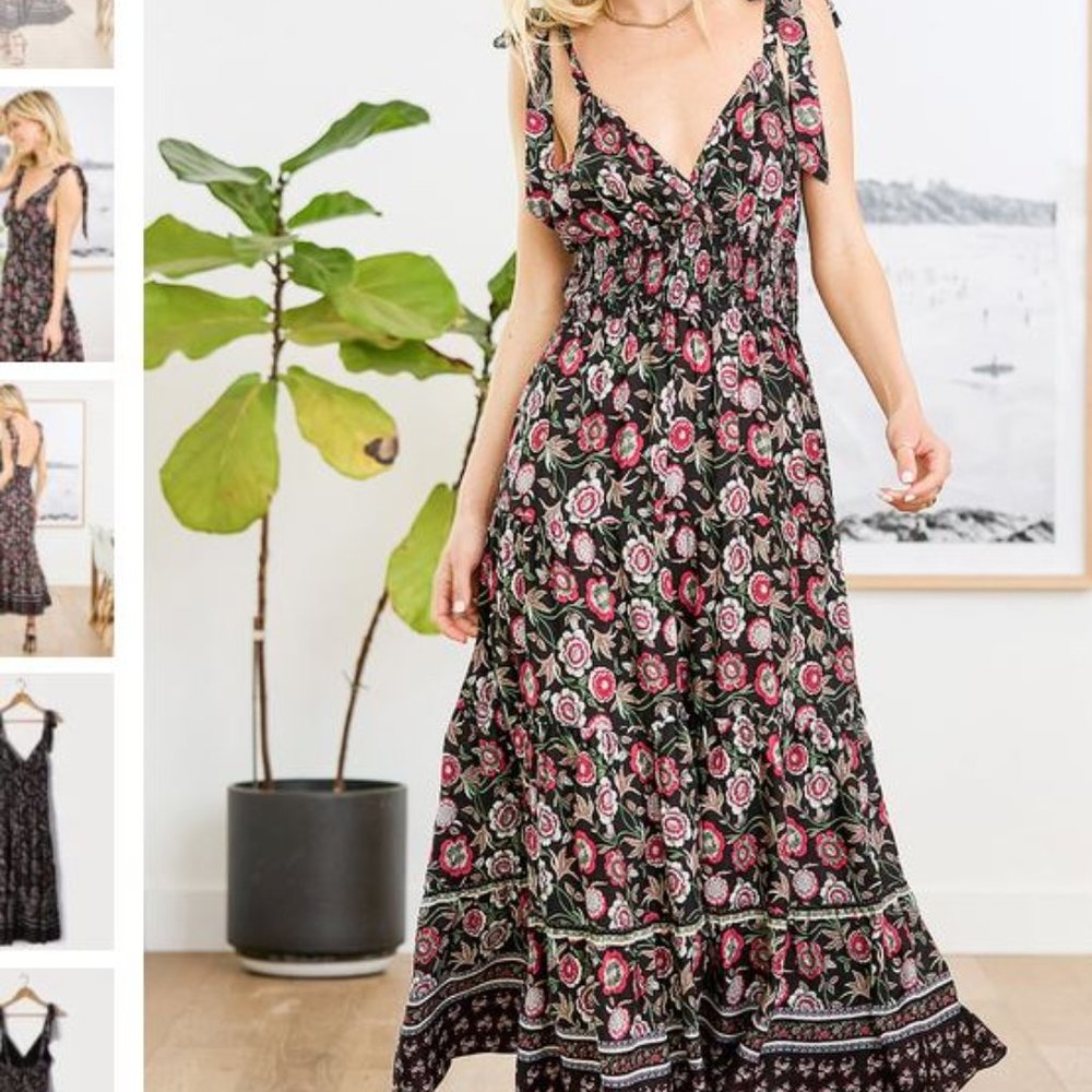 NWT! All in Motion Black Multi Print Tie-Strap Maxi Dress
